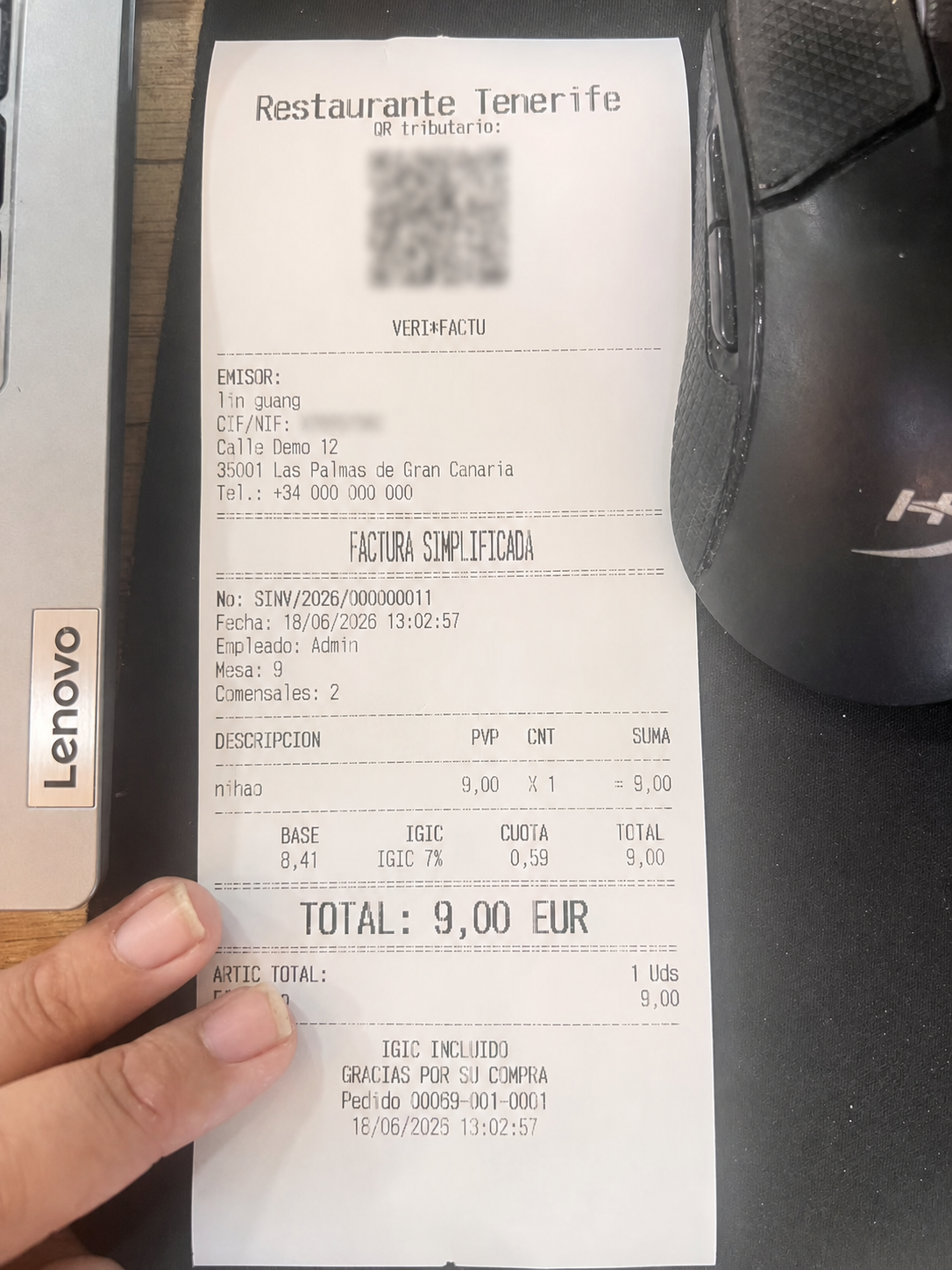Ticket ORDINO con información VeriFactu y datos ocultos